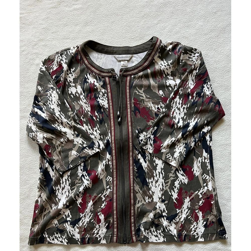 Christopher & Banks Olive Multi Zip-Front Printed Button Down Shirt